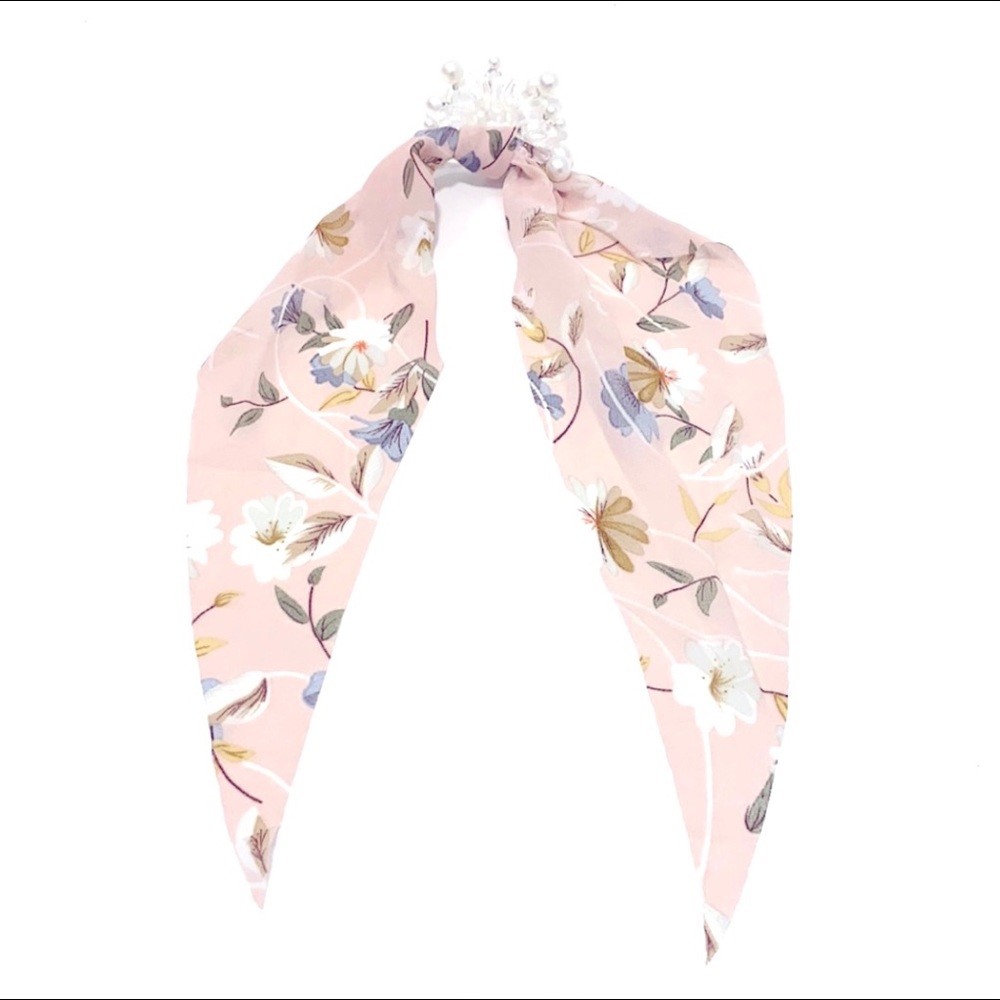 Pink Floral Hair Scarf Coil Ponytail Holder With Faux Pearls